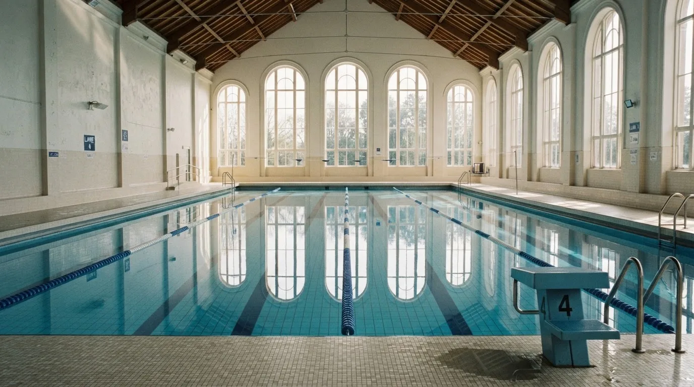 Eine ruhige Schwimmhalle mit glattem Wasser im Becken und gespannten Bahnleinen, Licht fällt durch hohe Fenster.