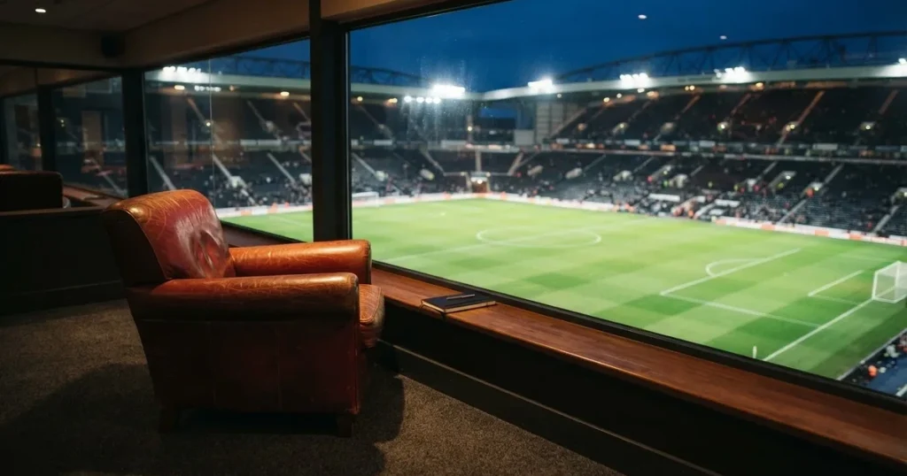 Ein leerer Ledersessel steht in einer Stadionloge mit Blick auf das Spielfeld im Abendlicht.