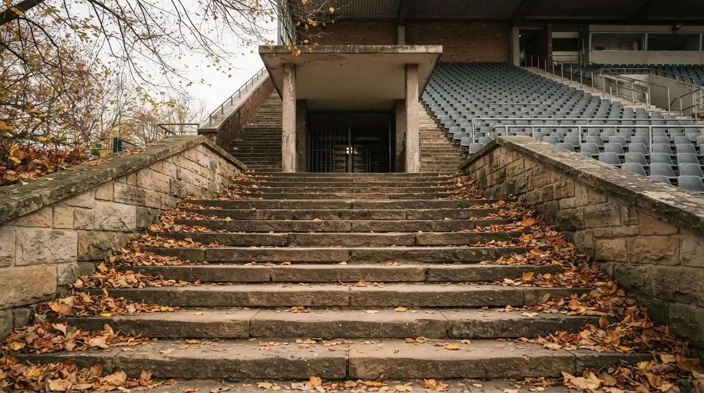 Eine breite Steintreppe führt zum Eingang einer Tribüne, Herbstlaub liegt auf den Stufen.