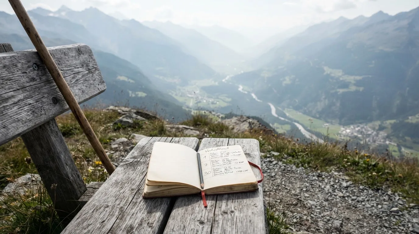Ein Wanderstock lehnt an einer Holzbank auf einem Aussichtspunkt, dahinter breitet sich ein Tal im Dunst aus.