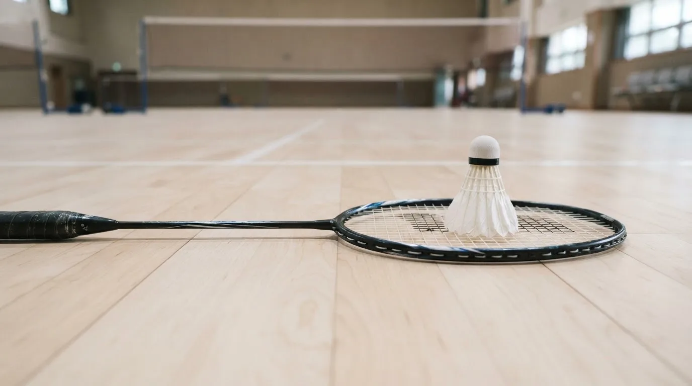 Ein Badmintonschläger liegt neben einem Federball auf dem hellen Hallenboden eines leeren Spielfelds.