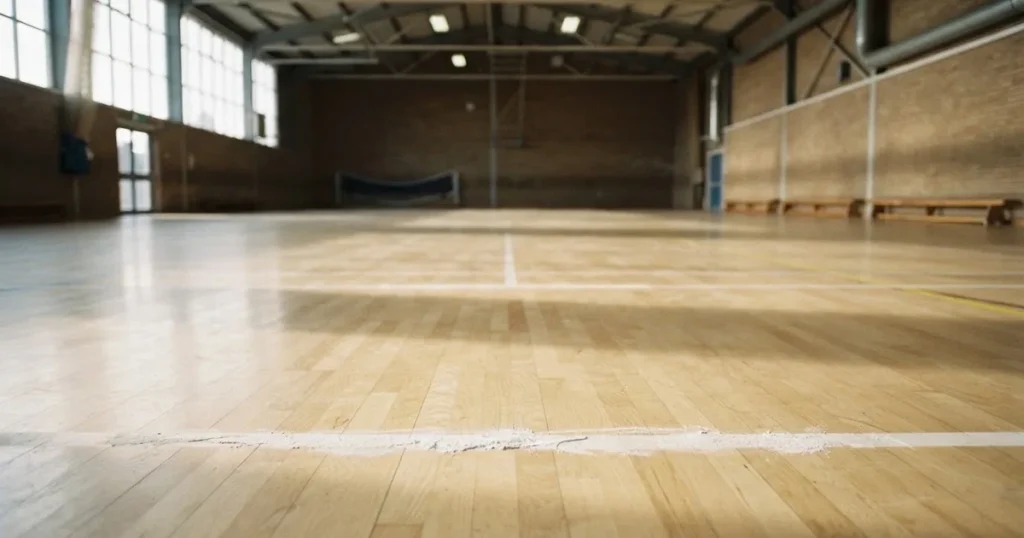 Zwei versetzte Startlinien aus Kreide auf dem Boden einer leeren Sporthalle, das Licht fällt schräg von der Seite.