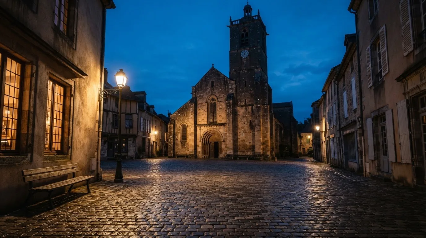 Ein Kopfsteinpflasterplatz vor einer Kirche in einer Altstadt am Abend, warme Fensterlichter und menschenleere Gassen.