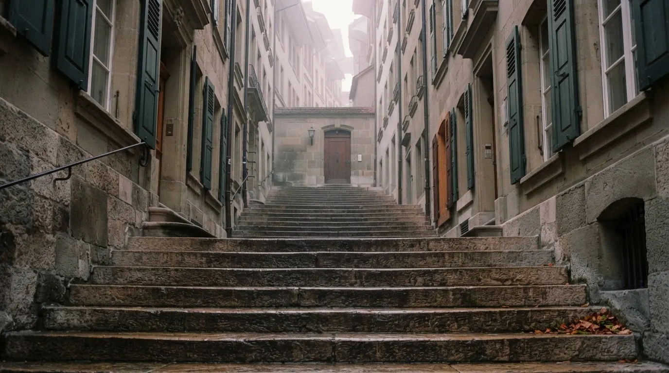 Eine breite Sandsteintreppe in einer Berner Altstadtgasse am frühen Morgen, niemand zu sehen, weiches Licht und leichter Nebel.