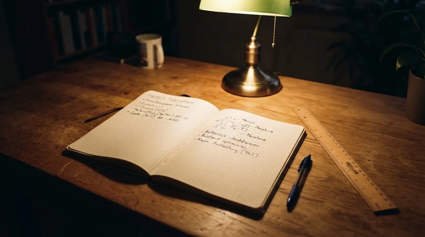 Eine Schreibtischlampe beleuchtet ein kariertes Heft mit handschriftlichen Skizzen, daneben liegt ein Lineal aus Holz.