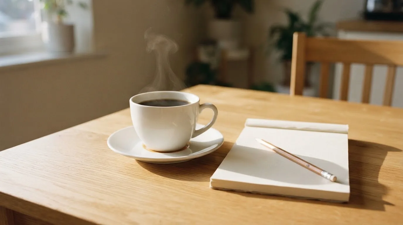 Eine Tasse Kaffee und ein Bleistift liegen auf einem sonnenbeschienenen Küchentisch neben einem leeren Notizblock.