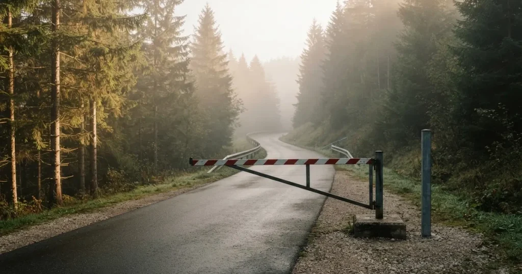 Ein geschlossener Schlagbaum an einer Landstrasse im Gebirge, Morgennebel steht zwischen den Tannen.