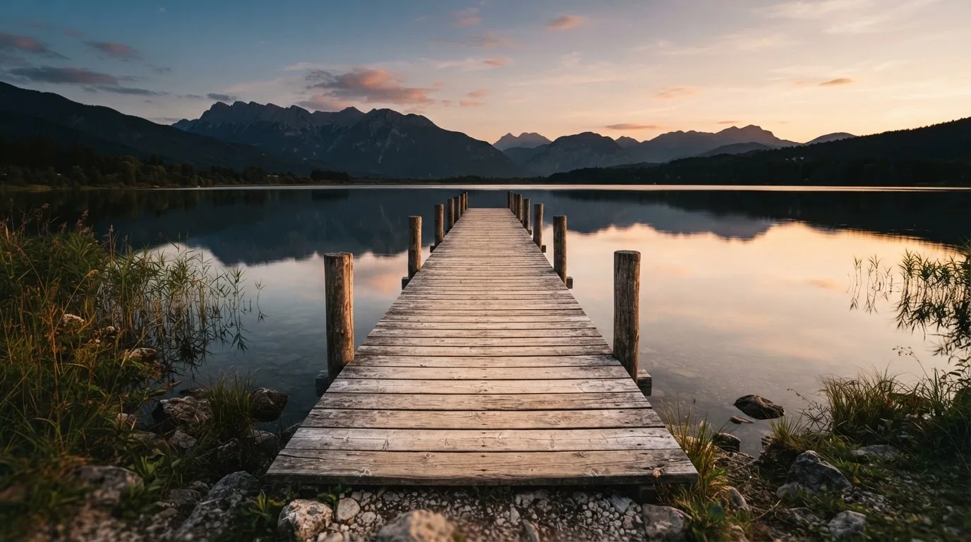 Ein leerer Holzsteg ragt am Abend in einen ruhigen Bergsee, das Wasser spiegelt den Himmel.