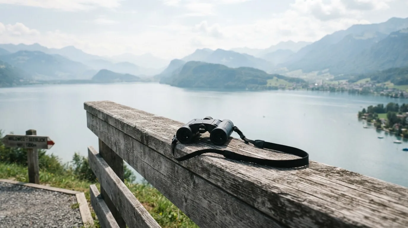 Ein Fernglas liegt auf dem Geländer einer Aussichtsplattform über einem See, dahinter flache Hügel im Dunst.
