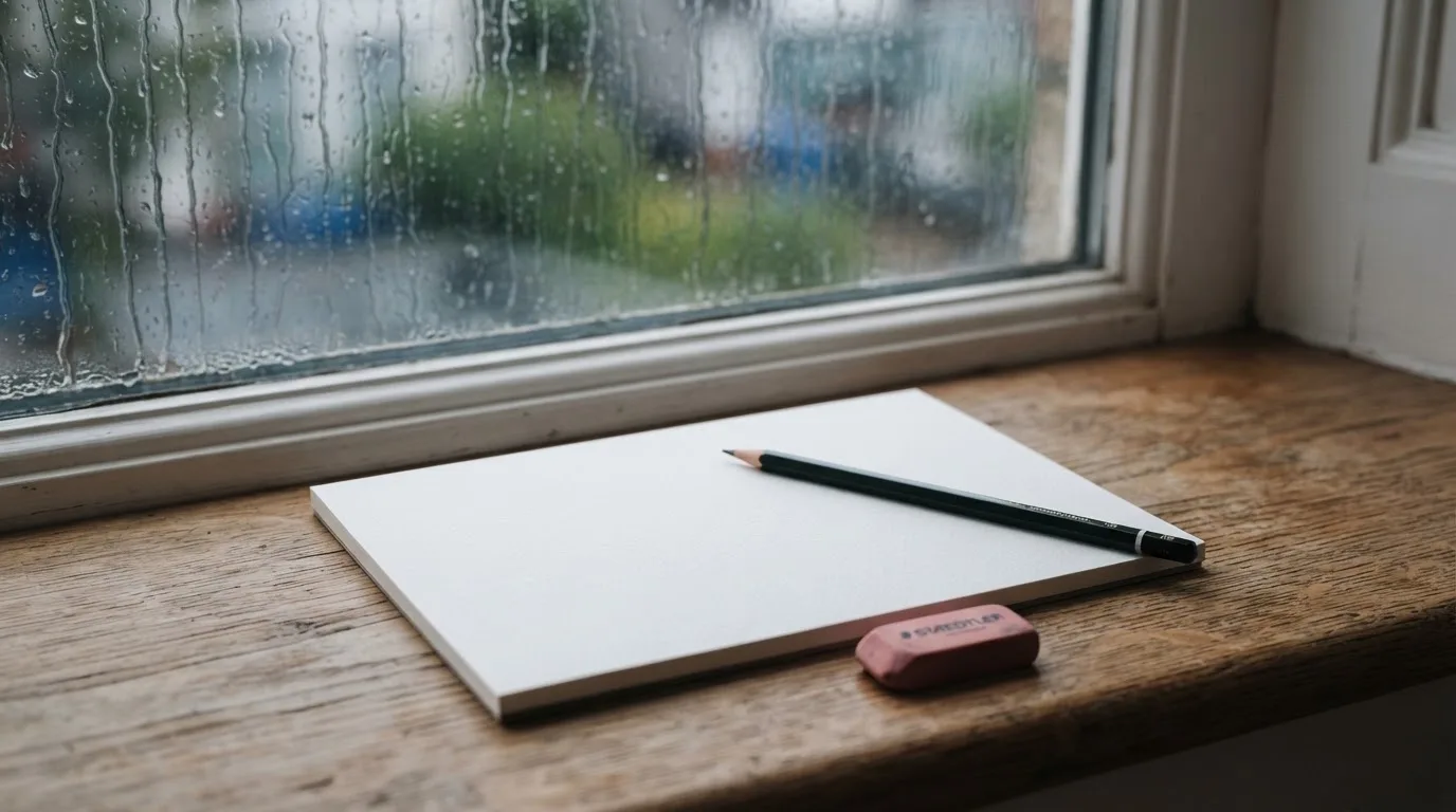 Ein Zeichenblock mit einem Bleistift und einem Radiergummi liegt auf einem Fensterbrett, draussen fällt Regen.