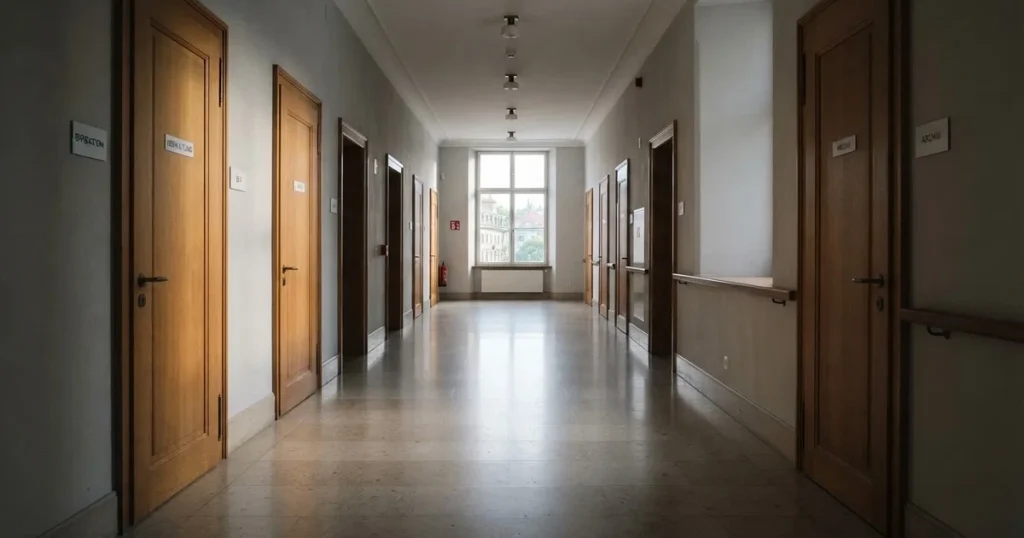Ein langer Flur mit Holztüren und hellem Boden in einem ruhigen Verwaltungsgebäude, am Ende fällt Tageslicht durch ein Fenster.