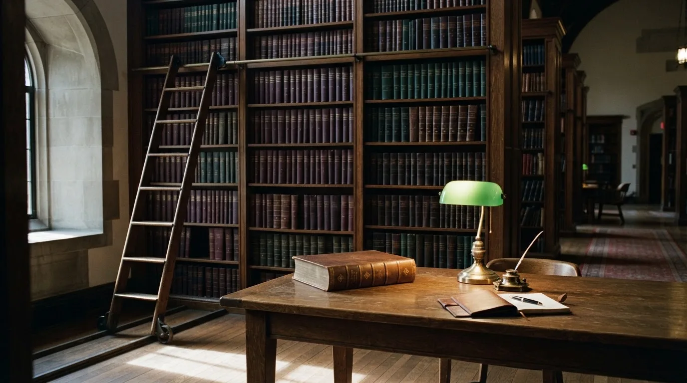 Ein Bücherregal mit ledergebundenen Bänden in dunklen Farben in einer stillen Bibliothek, davor ein Lesetisch.