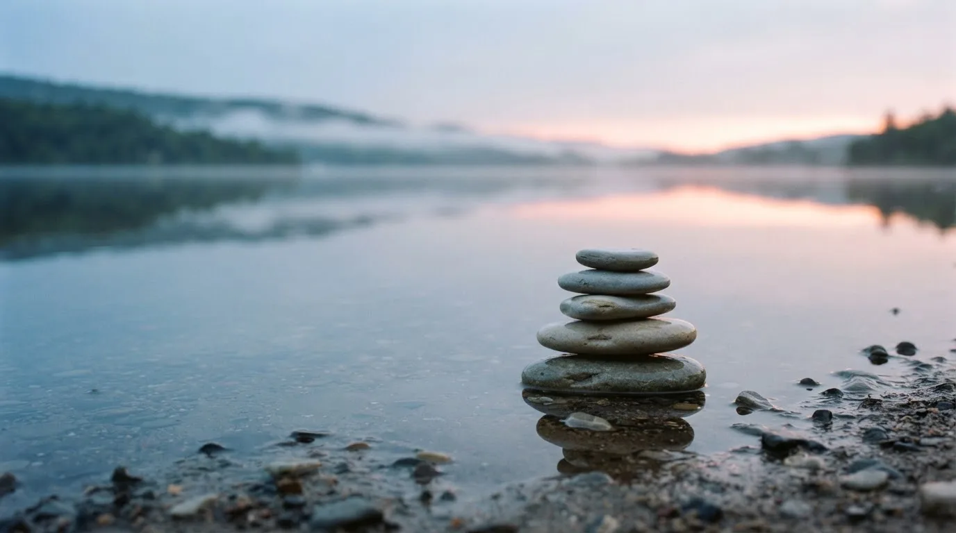 Ein Stapel flacher Kieselsteine liegt am Seeufer in der Morgendämmerung, das Wasser ist spiegelglatt.