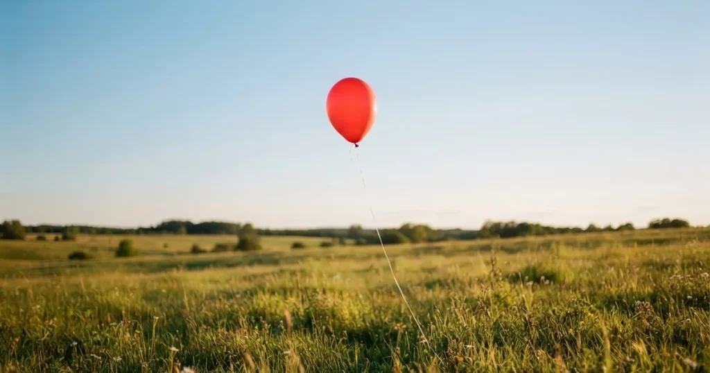 Ein roter Luftballon schwebt an einer dünnen Schnur über einer Sommerwiese, der Himmel dahinter ist klar.