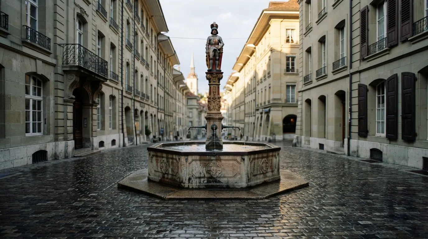 Ein Brunnen auf einem Altstadtplatz zwischen Sandsteinfassaden, nasses Kopfsteinpflaster nach einem Regenschauer.