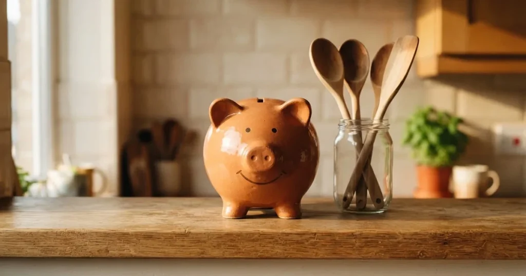 Ein Sparschwein aus Keramik steht auf einem Küchenregal neben einem Glas mit Holzlöffeln.
