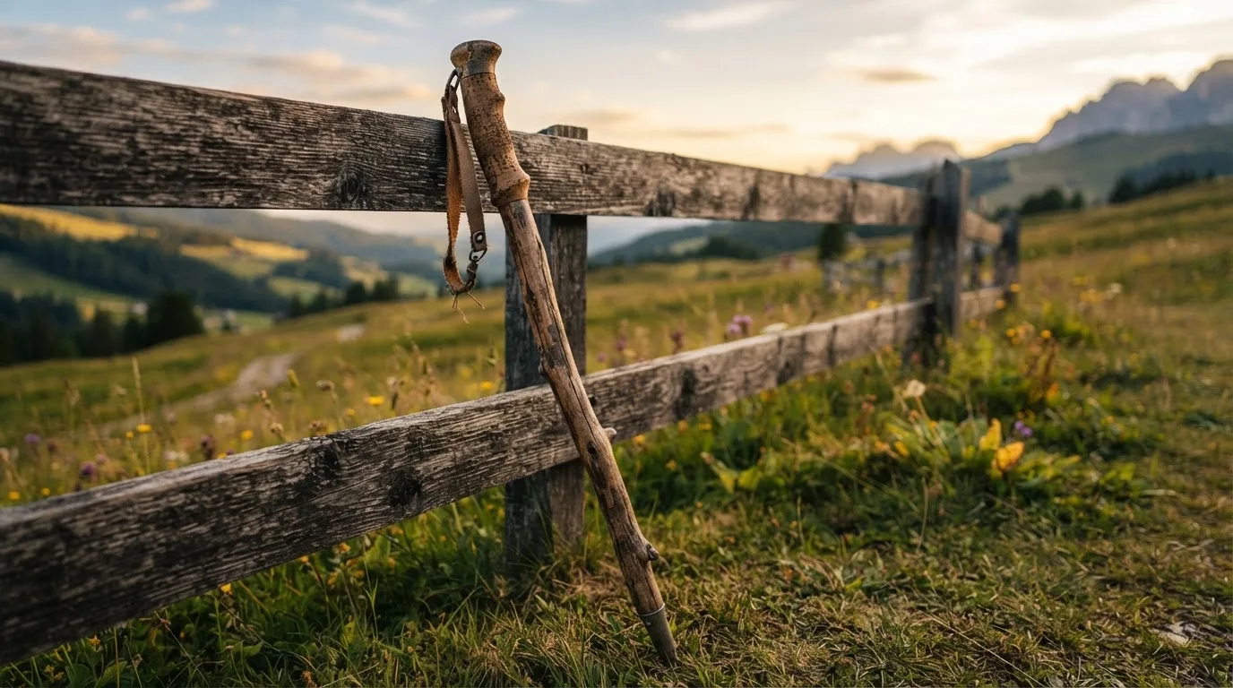 Ein Wanderstock lehnt an einem Gartenzaun, dahinter erstreckt sich eine ruhige Alpwiese im Abendlicht.