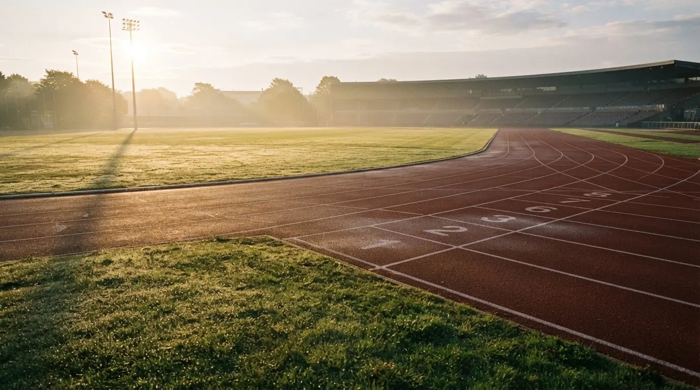 Eine leere Tartanbahn einer Leichtathletikanlage am frühen Morgen, Tau auf den Rasenflächen daneben und tiefstehende Sonne.
