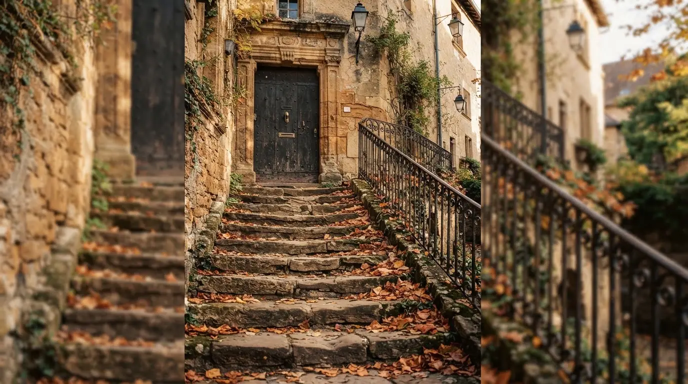 Eine Steintreppe mit Geländer führt zu einer hohen Holztür eines alten Gebäudes, Herbstlaub liegt auf den Stufen.