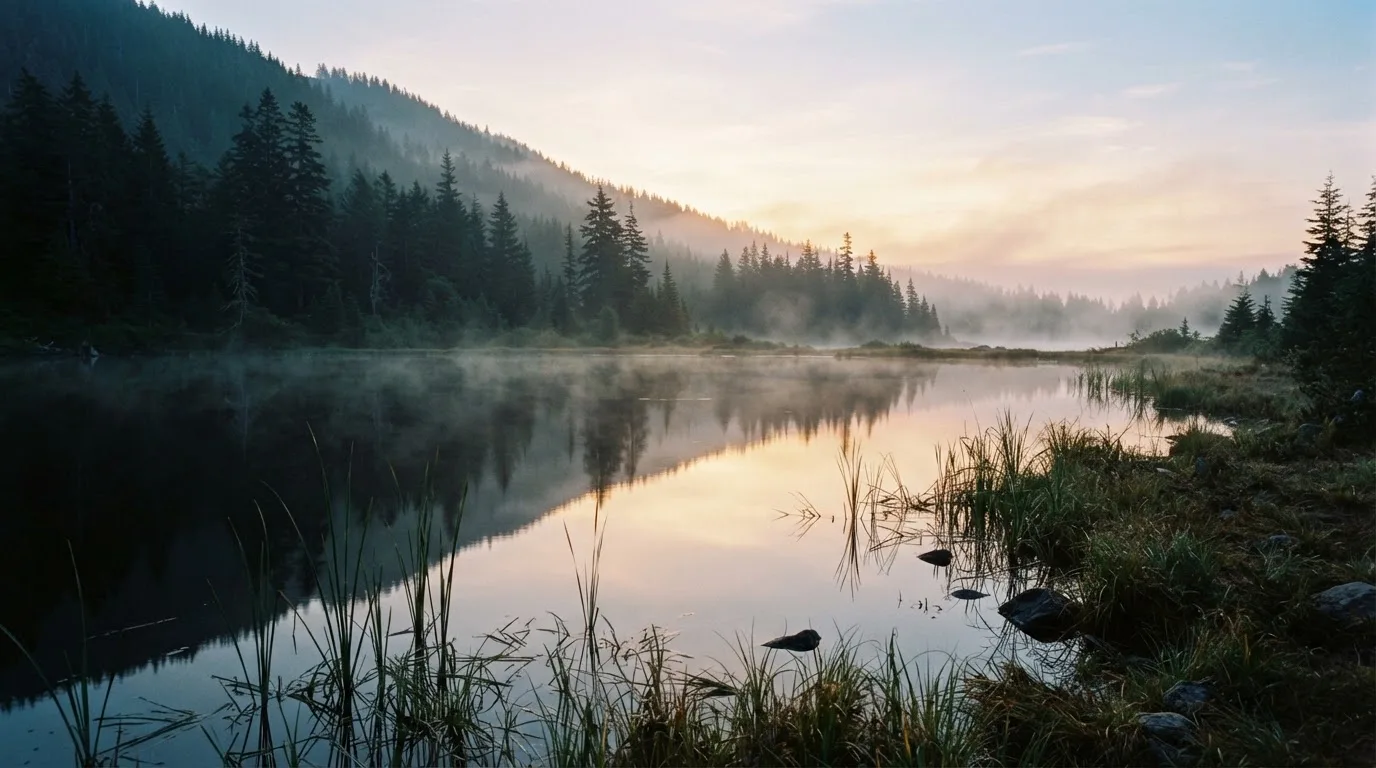 Ein ruhiger Bergsee mit Nebel am Ufer bei Sonnenaufgang, am Hang dahinter dunkle Tannen.
