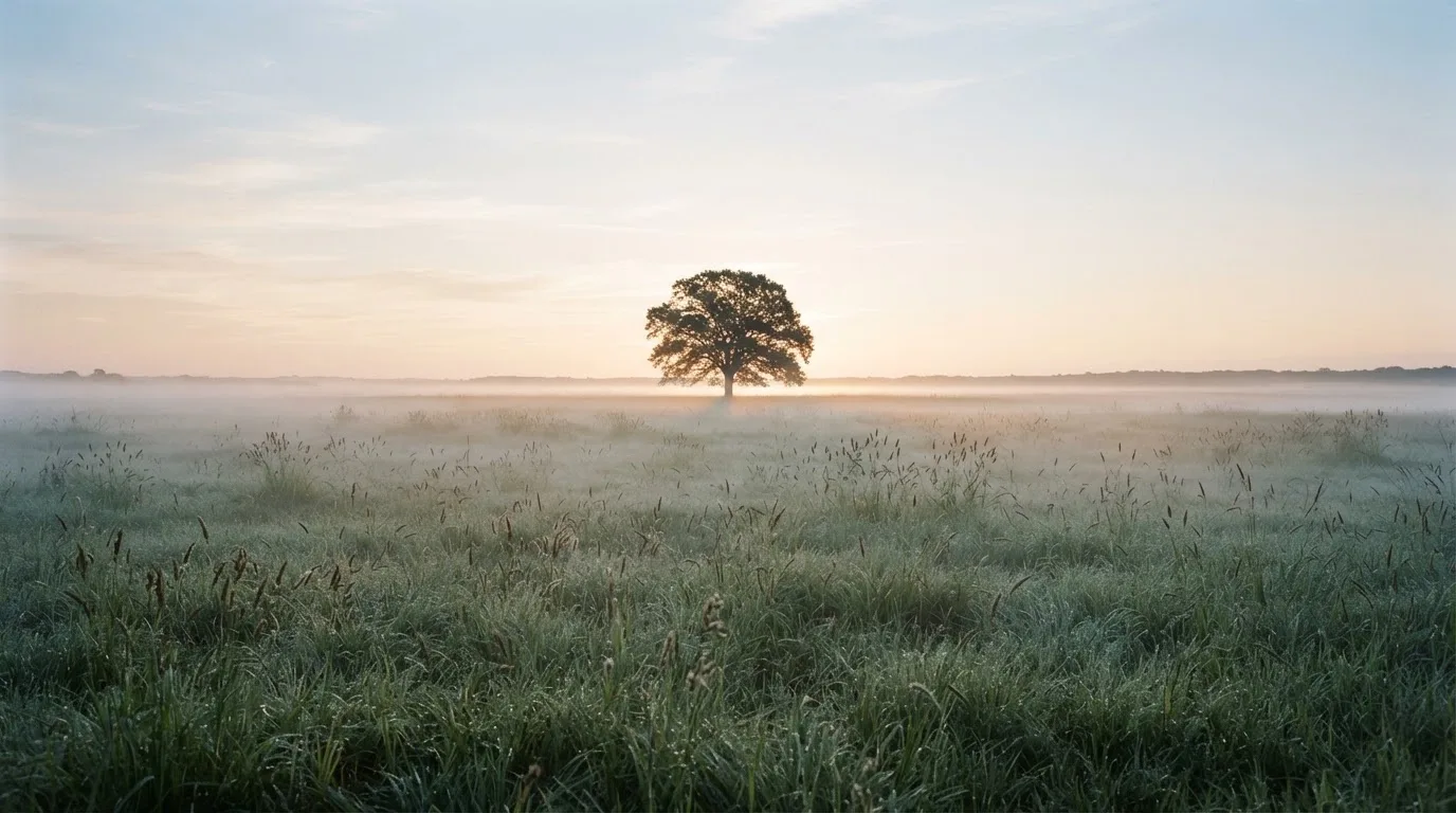 Eine Wiese mit Bodennebel am frühen Morgen, in der Ferne ein einzelner Baum vor hellem Horizont.