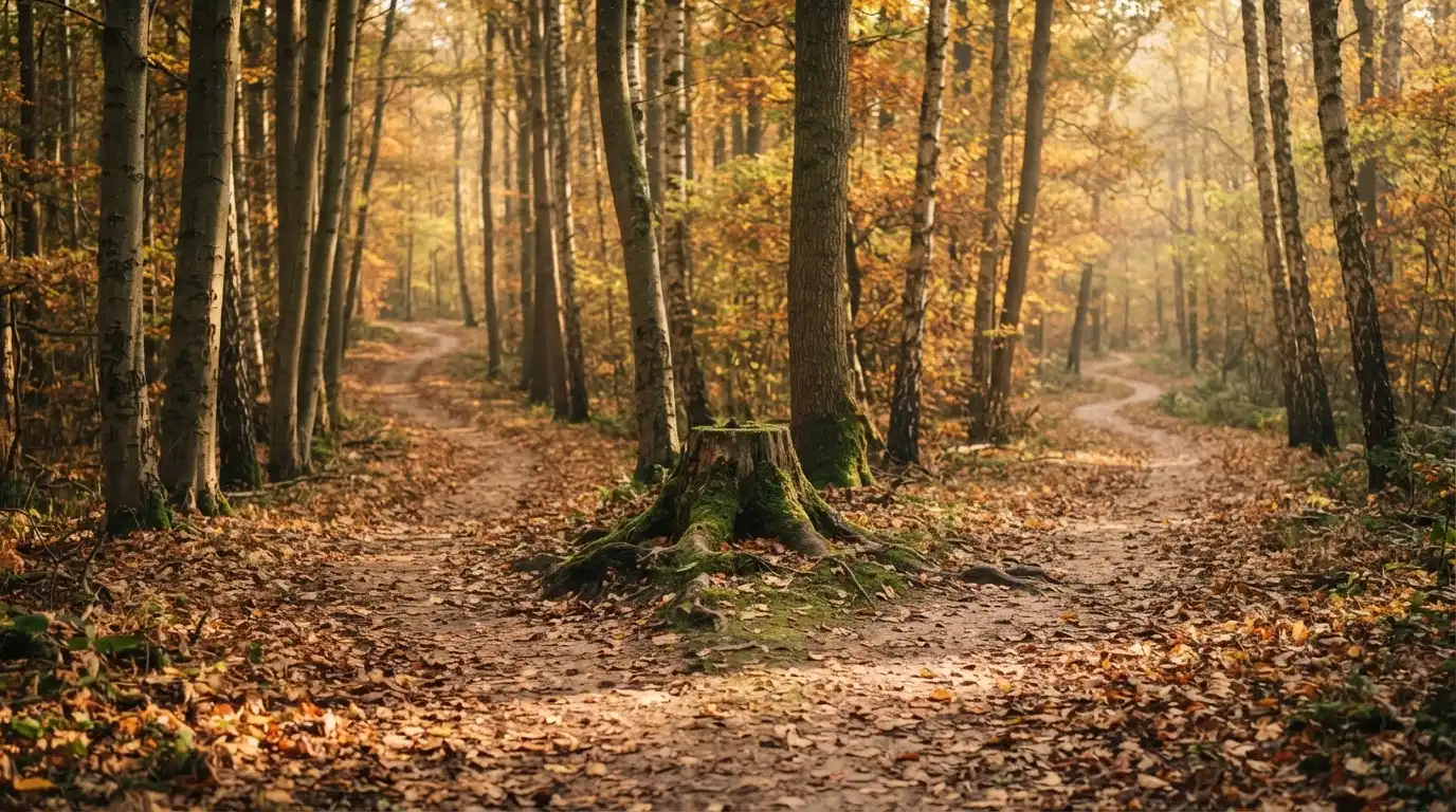 Eine Wegkreuzung im Wald, an der sich zwei Pfade im Herbstlicht gabeln, Laub bedeckt den Boden.