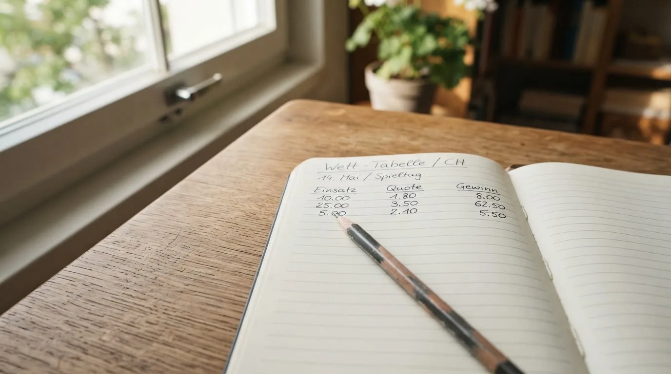 Ein aufgeschlagenes Notizbuch mit handschriftlichen Spalten und ein Bleistift liegen auf einem Holztisch neben einem Fenster.