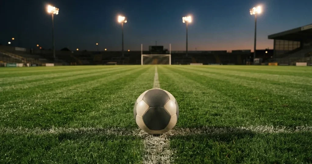 Ein Fussball liegt auf dem Anstosspunkt eines leeren Rasenplatzes, im Hintergrund glimmen Flutlichtmasten im Abendlicht.