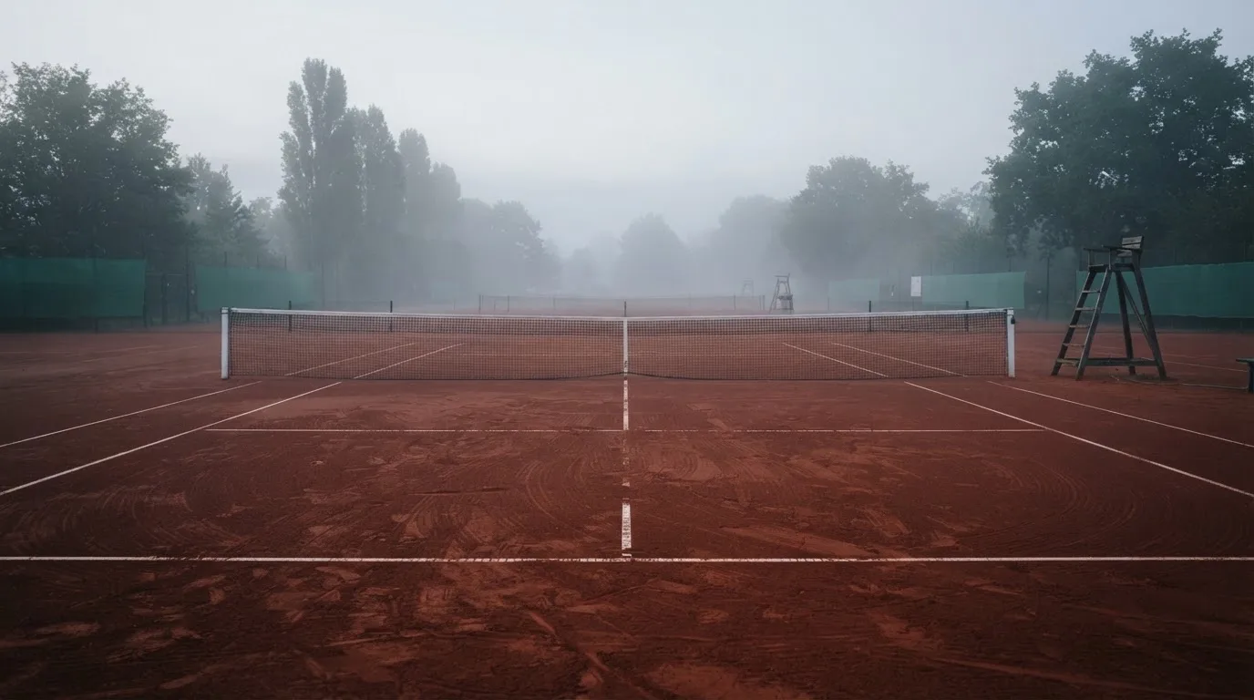 Ein Tennisplatz aus Sand liegt im Morgengrauen still da, Nebel hängt über der Grundlinie und dem aufgespannten Netz.