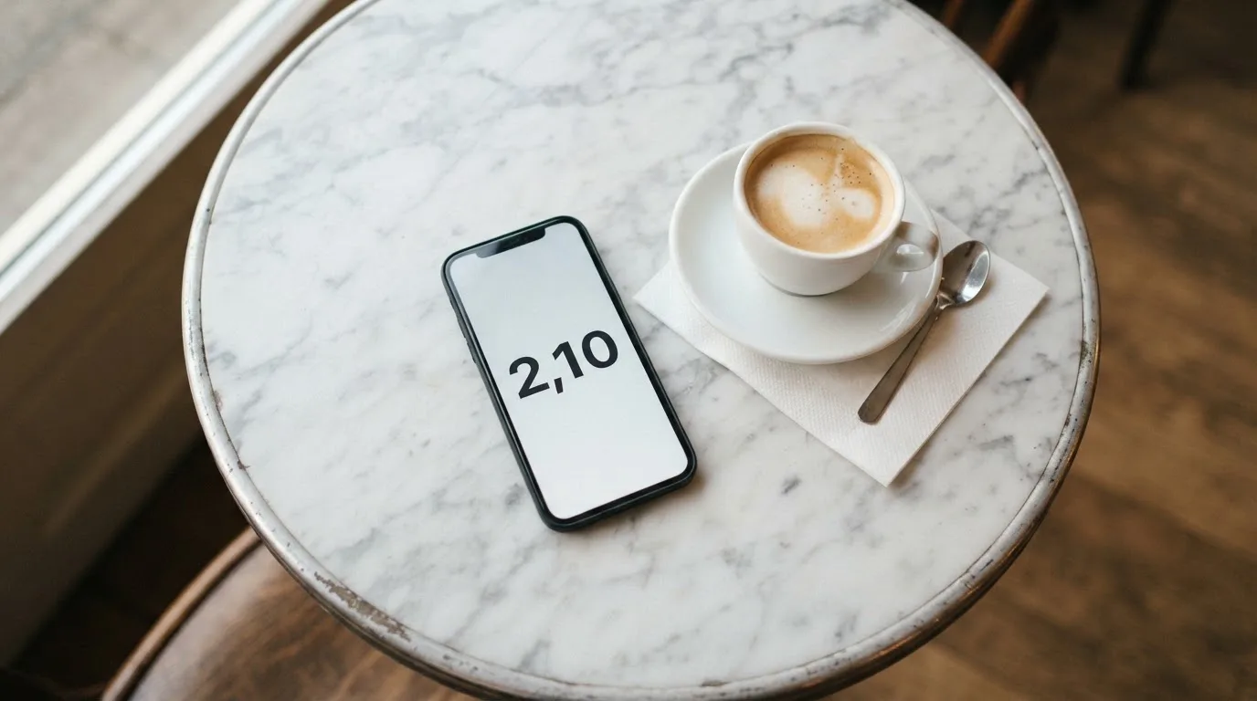 Ein Smartphone liegt mit der Rückseite nach oben auf einem Kaffeehaustisch neben einer Tasse und einem Löffel.