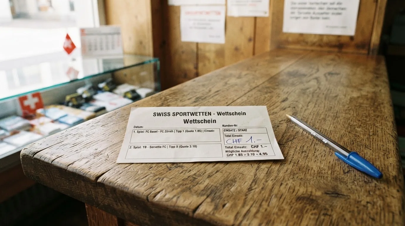 Ein unbeschriebener Papierwettschein und ein Kugelschreiber liegen auf einer hölzernen Ladentheke im Tageslicht.