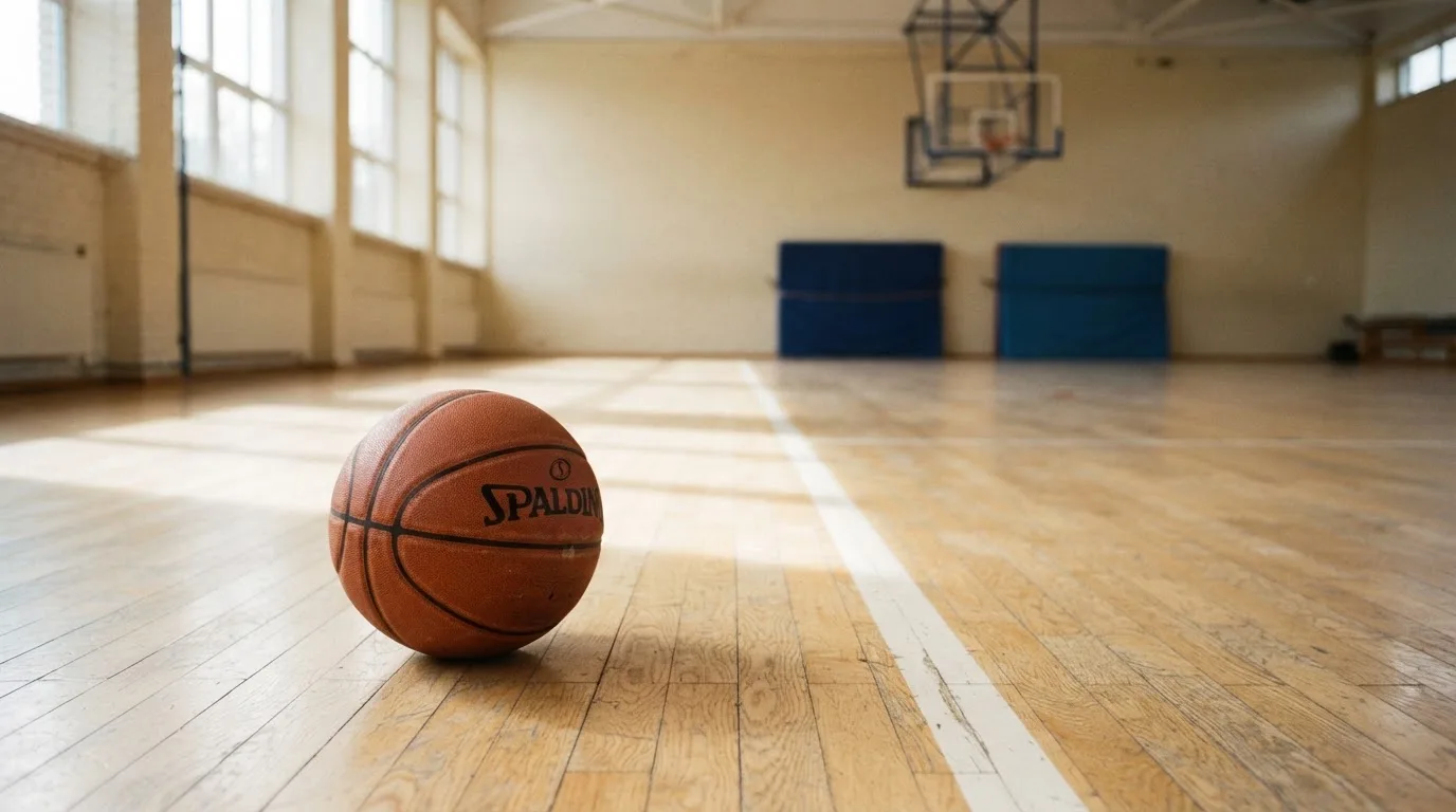 Ein Basketball ruht auf dem Parkett einer leeren Sporthalle, durch hohe Fenster fällt Tageslicht.