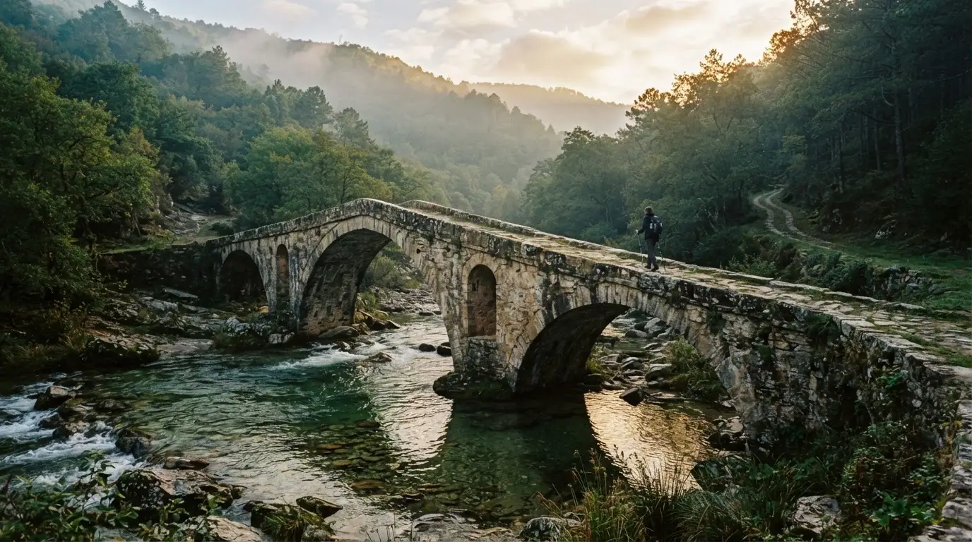 Eine alte Steinbrücke überspannt einen Gebirgsfluss, im Hintergrund steigen bewaldete Hänge an.