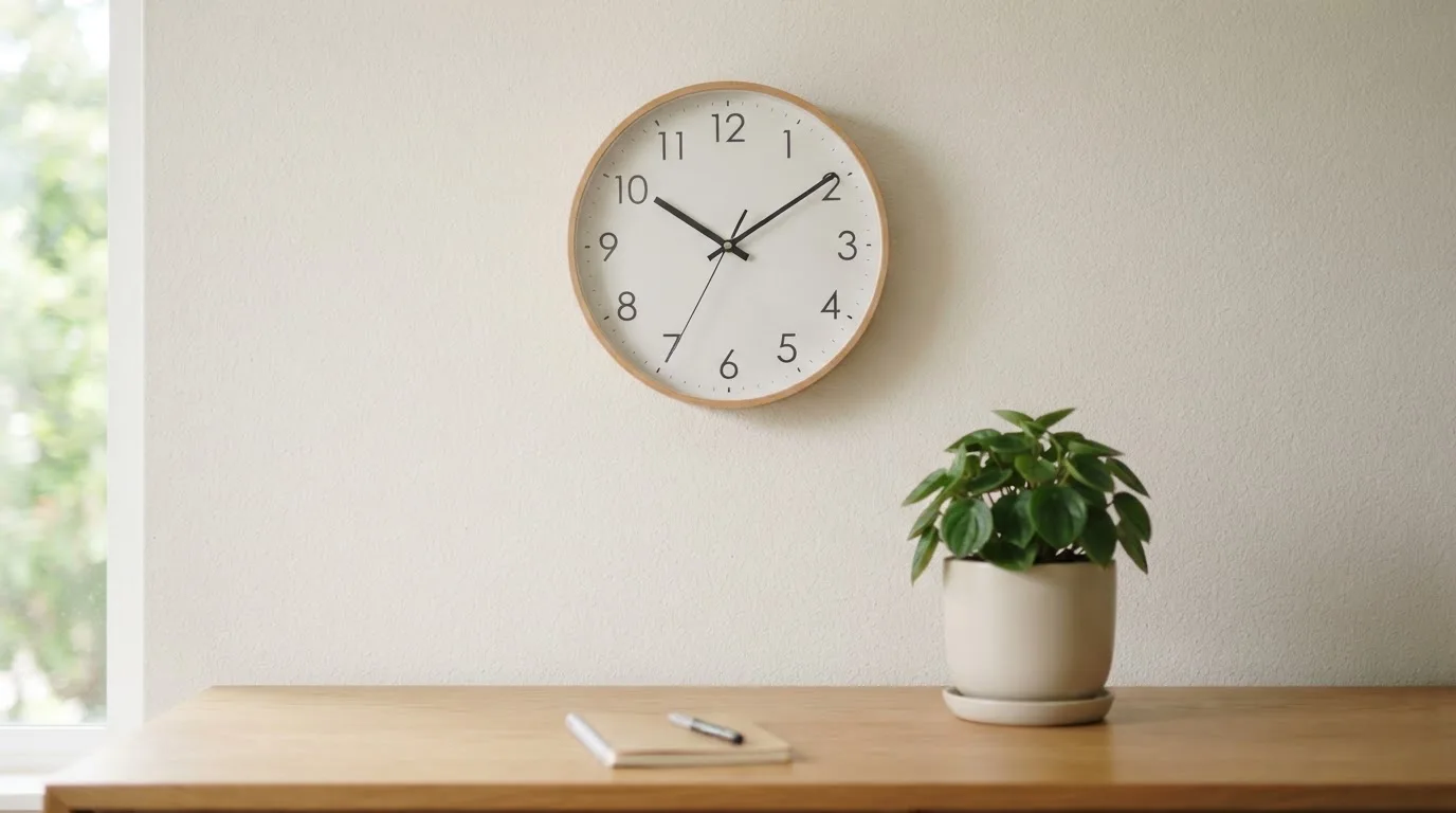 Eine Wanduhr hängt in einem ruhigen Büro, davor ein aufgeräumter Tisch mit einer Pflanze.
