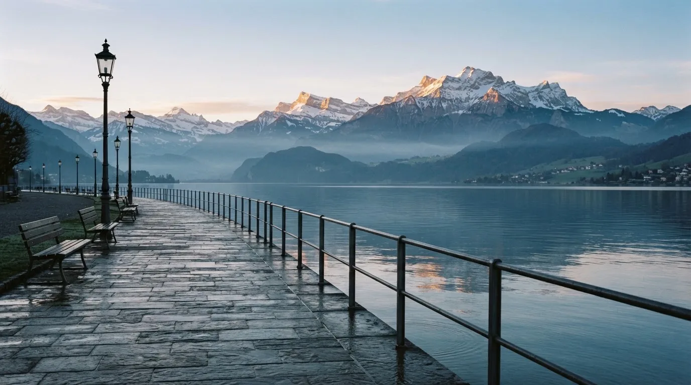 Eine Uferpromenade an einem Schweizer See liegt am frühen Morgen leer da, am anderen Ufer ragen Berge auf.