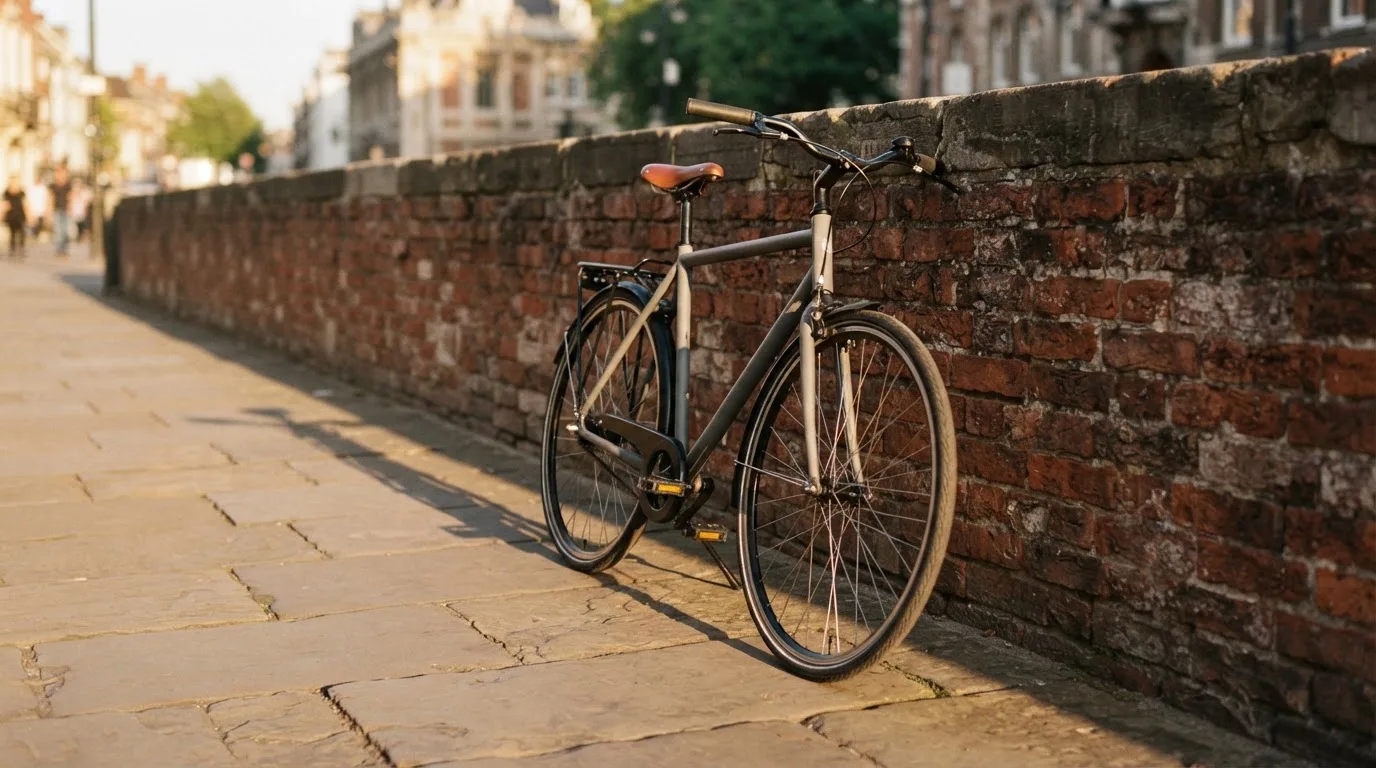 Ein Fahrrad lehnt an einer Backsteinmauer, auf dem Gehweg davor fallen lange Schatten.
