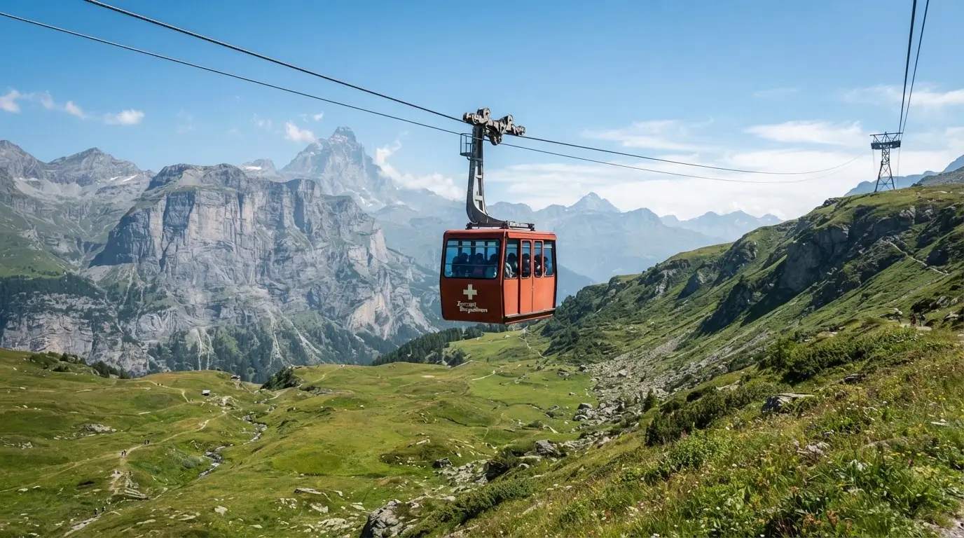 Eine Seilbahnkabine schwebt über einer Alpwiese, im Hintergrund zeichnen sich Felswände ab.