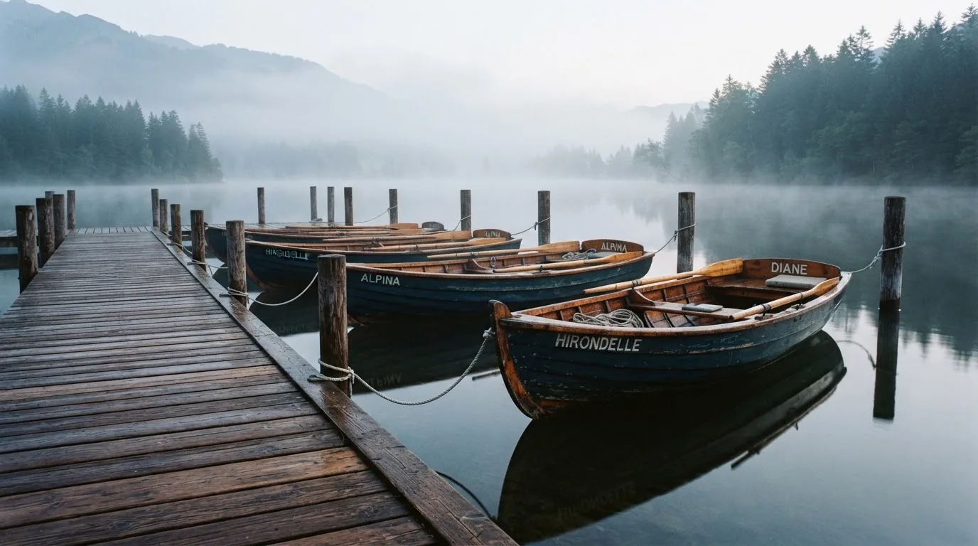 Ruderboote liegen am hölzernen Steg eines Sees, über dem Wasser hängt feiner Morgendunst.