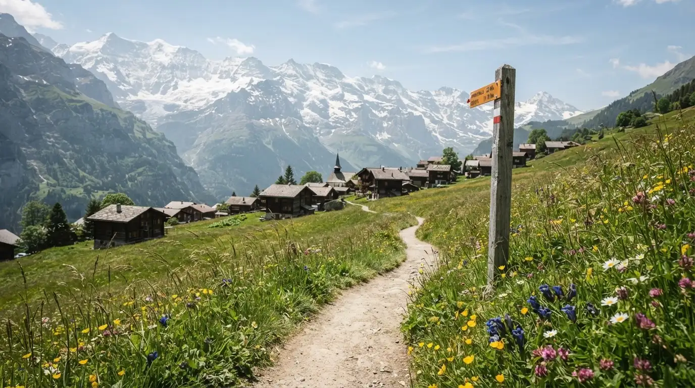 Ein Wanderweg führt durch eine Almwiese zu einem Bergdorf, in der Ferne liegt Schnee auf den Gipfeln.
