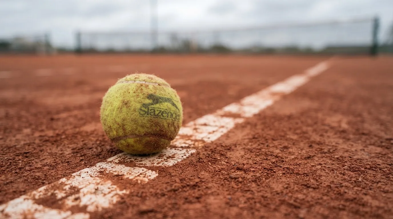 Ein Tennisball liegt auf rotem Sand neben einer verblassten Linie, das Licht ist weich.