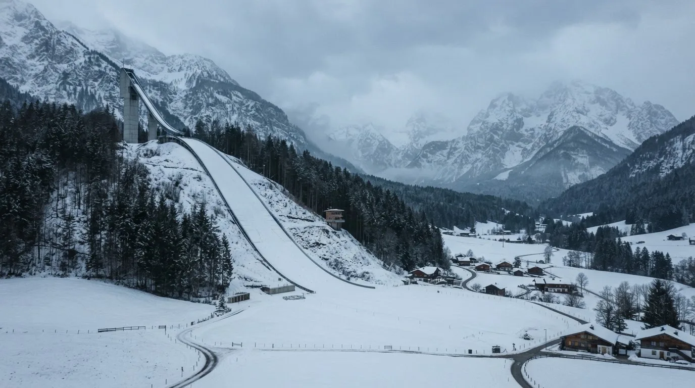Eine verschneite Skisprungschanze erhebt sich unter grauem Himmel über einem stillen Tal.