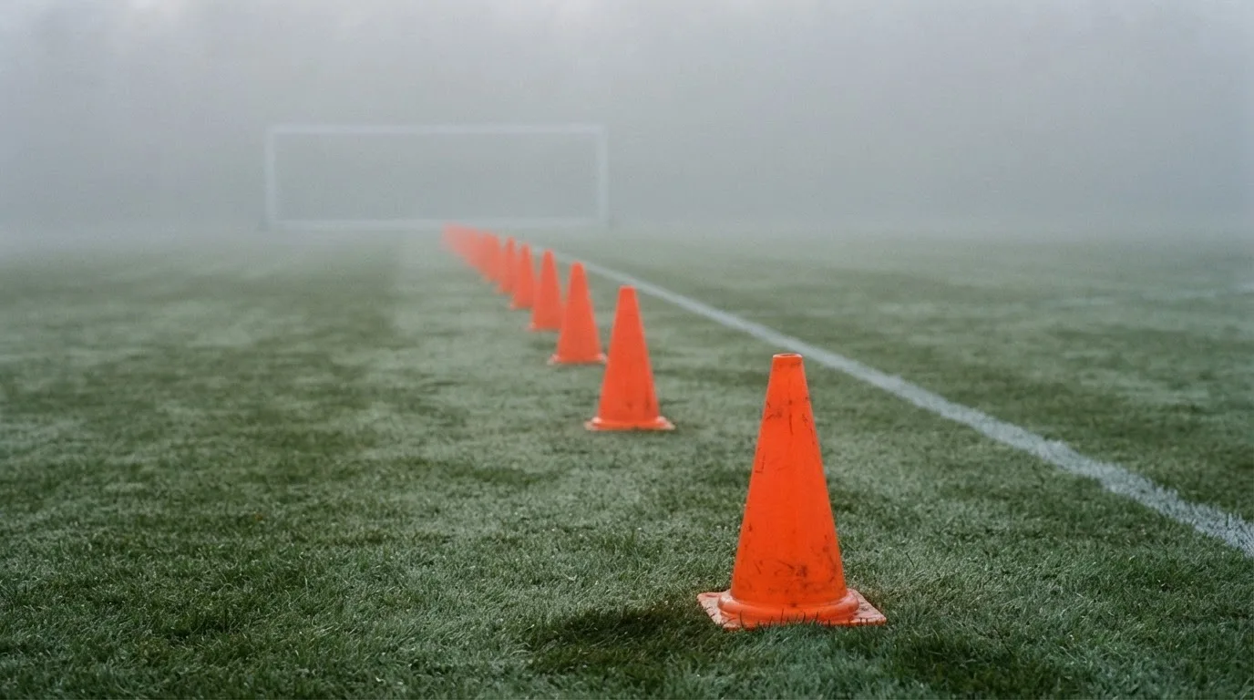 Orange Pylonen stehen auf einem Trainingsplatz im Nebel, die Ränder des Platzes verschwimmen im Dunst.