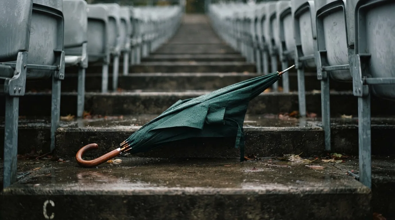 Ein Regenschirm liegt auf einer nassen Treppe zwischen leeren Zuschauerrängen.