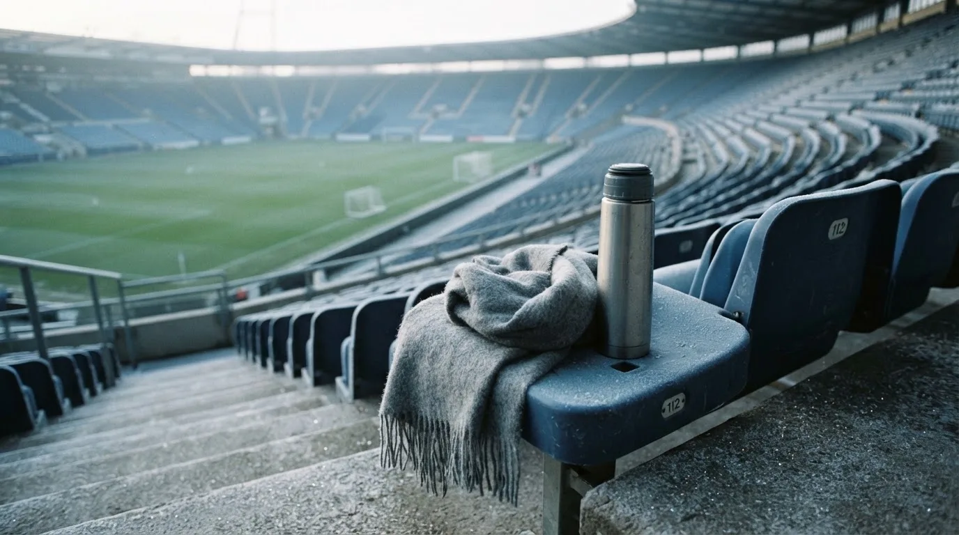 Ein grauer Wollschal und eine Thermoskanne liegen auf einem Sitz im winterlichen Stadion, Raureif liegt auf den Stufen.