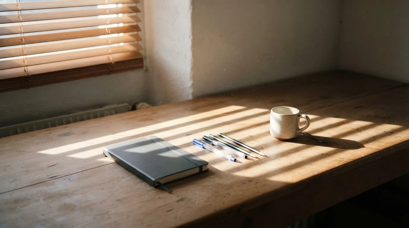 Streifen von Sonnenlicht fallen durch eine Jalousie auf einen Schreibtisch mit Stiften.