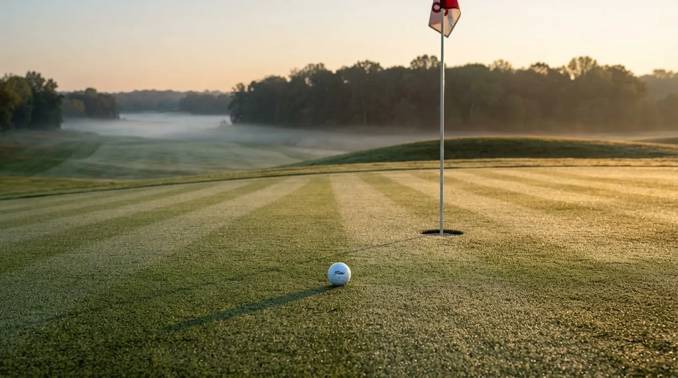 Ein Golfgrün liegt am frühen Morgen im Tau, ein Ball liegt nahe dem Loch.