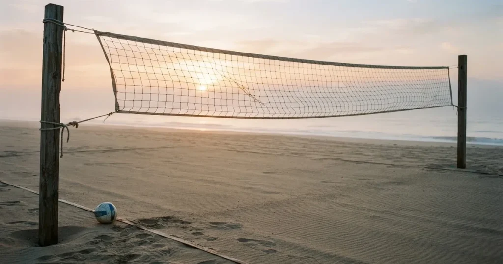 Ein Volleyballnetz spannt sich an einem leeren Sandstrand, das Meer liegt im Dunst.