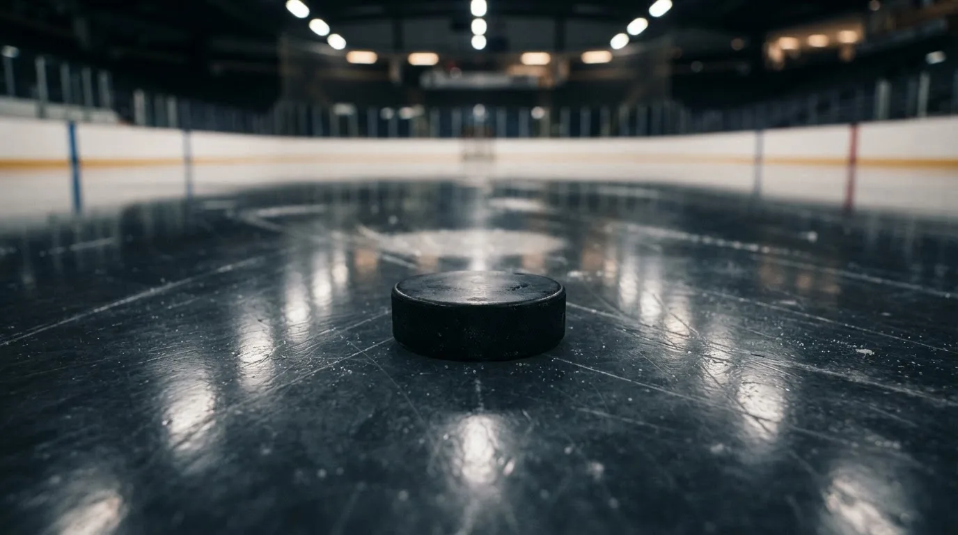 Ein Eishockeypuck liegt in Grossaufnahme auf glatter Eisfläche, im Eis spiegeln sich Hallenlichter.