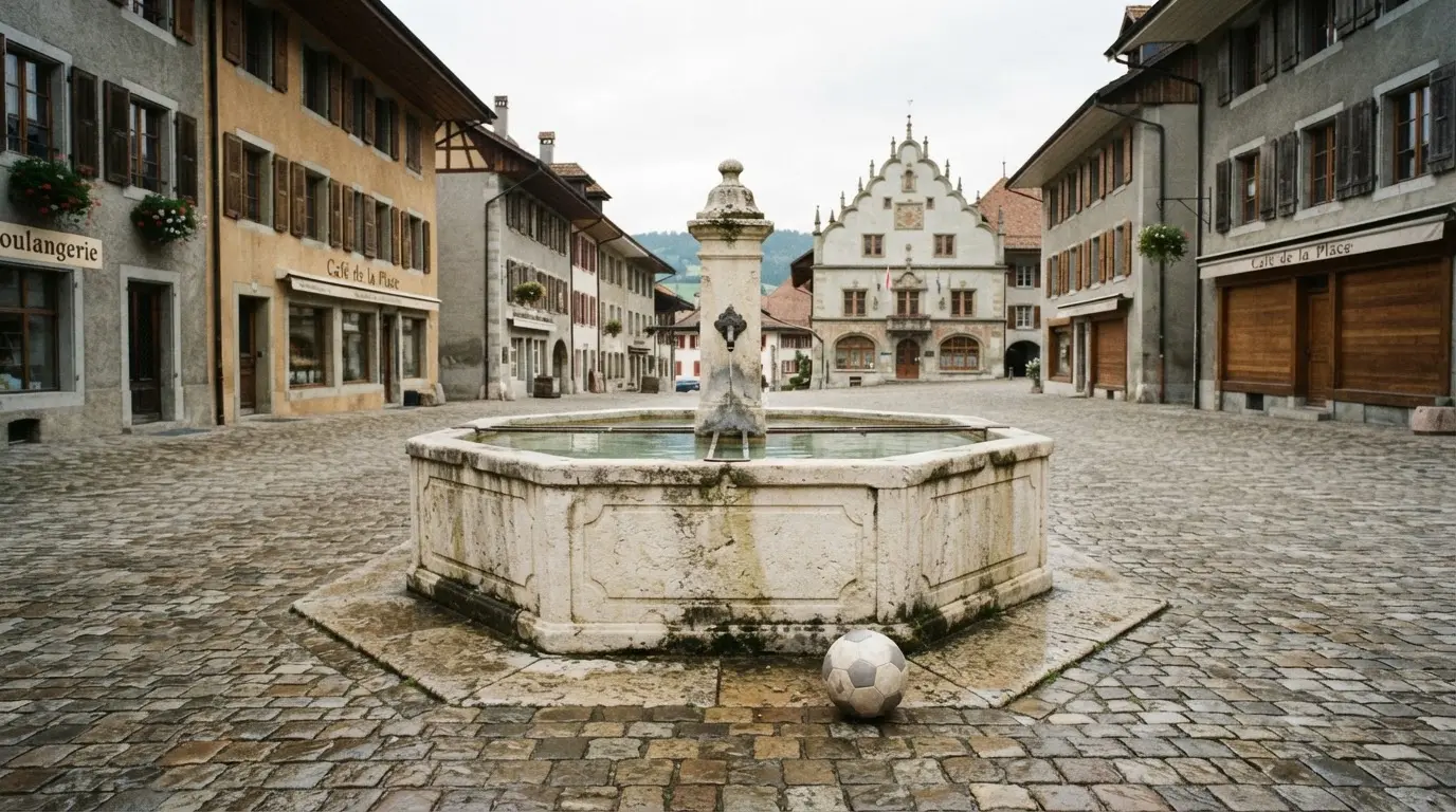 Ein Dorfplatz mit steinernem Brunnen liegt am Vormittag still da, die Läden ringsum sind noch geschlossen.