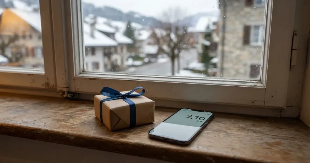 Eine kleine Schachtel mit Schleife steht auf einem Fensterbrett, dahinter ein grauer Wintertag.